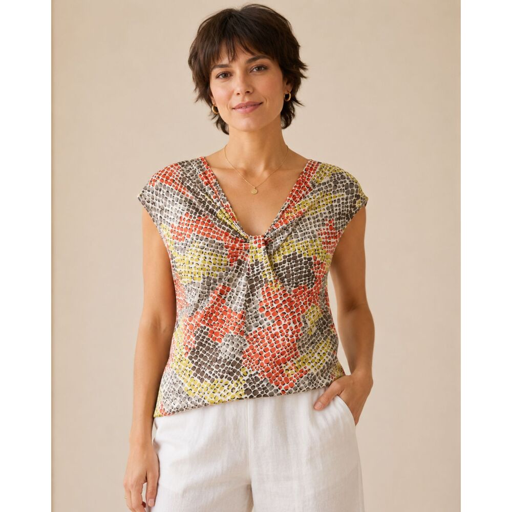 WORTH 100% Silk Abstract Print Draped V Neck Cap Sleeve Blouse Top M #V